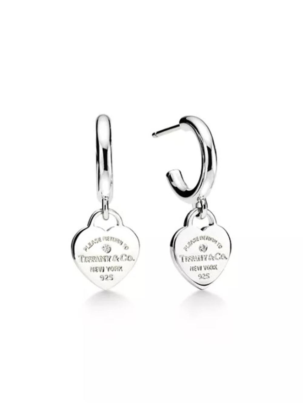 Tiffany & Co Mini Heart Tag Hoop Earrings 925 Silver Diamond